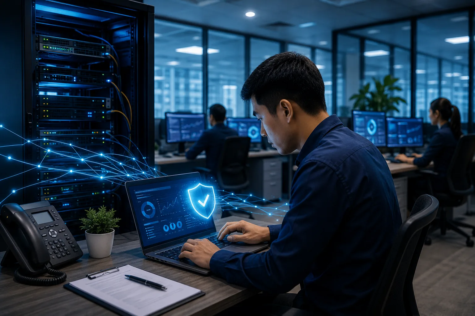 Teknisi IT melakukan maintenance jaringan dan server perusahaan